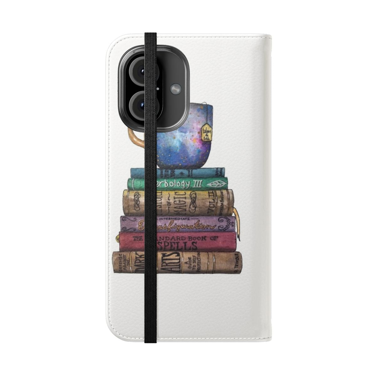 Studious flip cover phone case with books, spellbooks, and wizarding elements - Folded Front