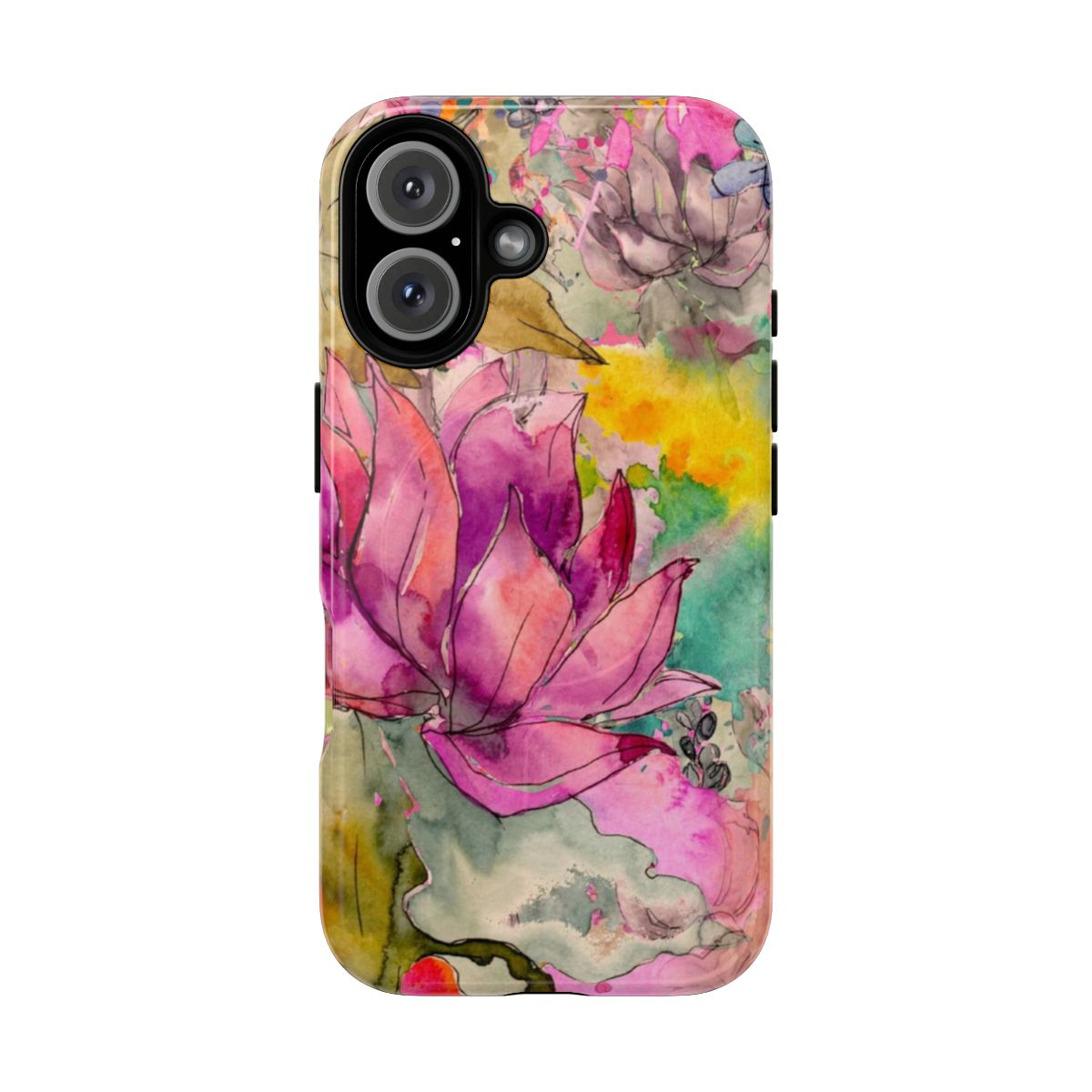 Colorful watercolor floral garden design on a protective phone case