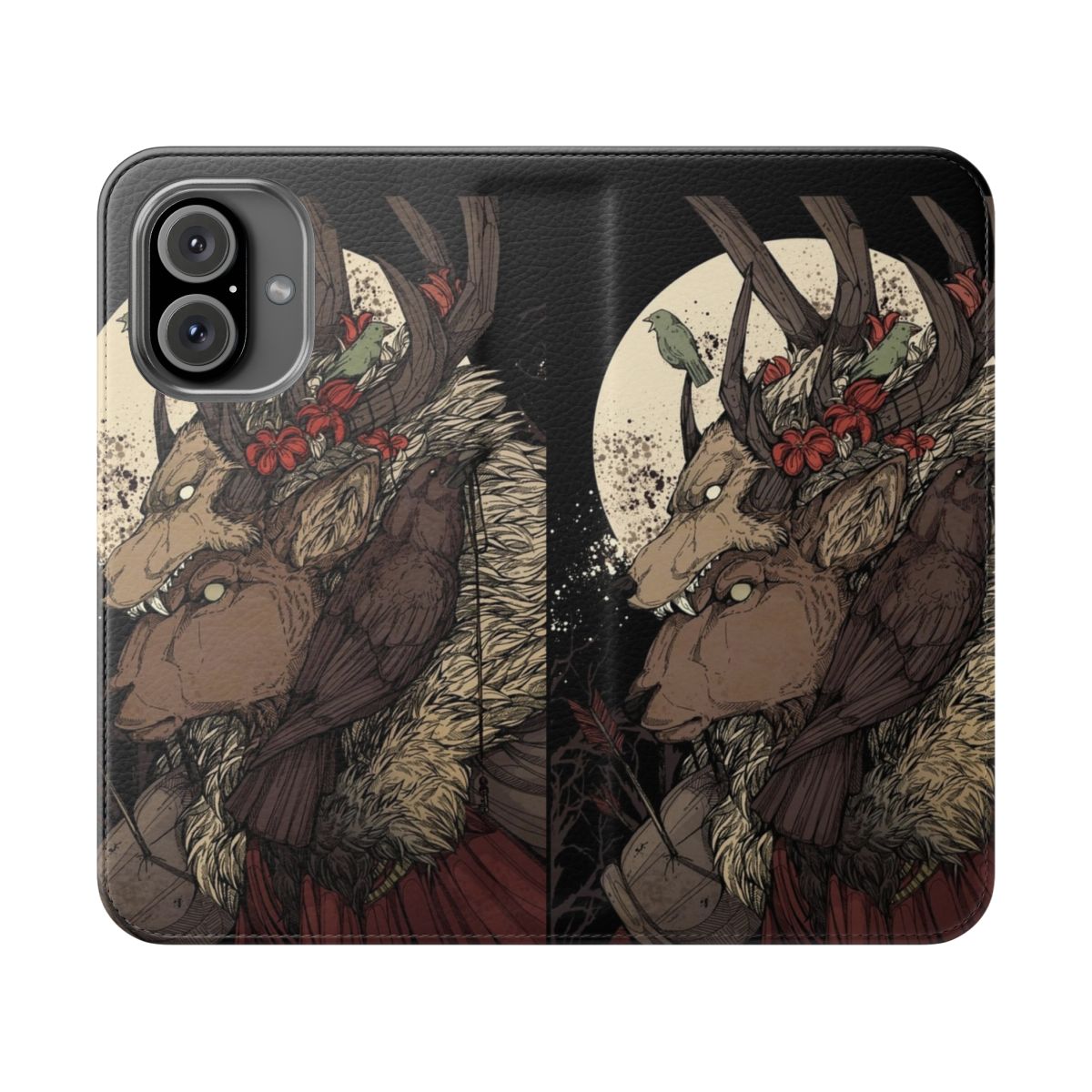 Artistic ink drawings of wildlife animals like elk, deer, stag, wolf, crow, and raven on a phone case