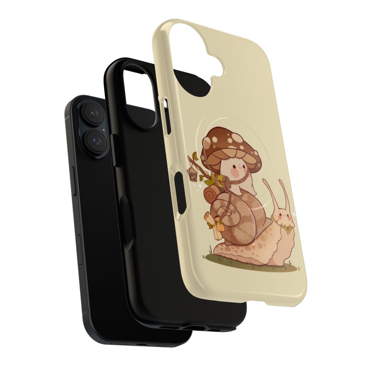 A whimsical phone case featuring a cute mushroom and snail in a fantasy, cottagecore-inspired design. - Layers