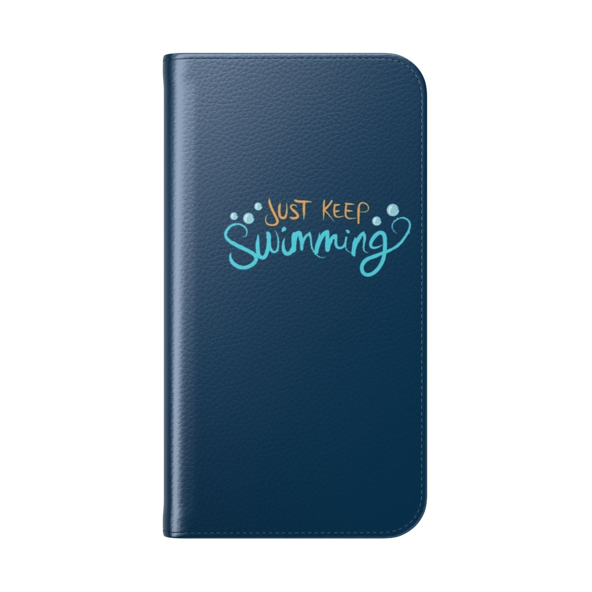 Flip cover phone case with a "Just Keep Swimming" graphic, featuring iconic cartoon fish characters from the Pixar film Finding Nemo. - Folded Back