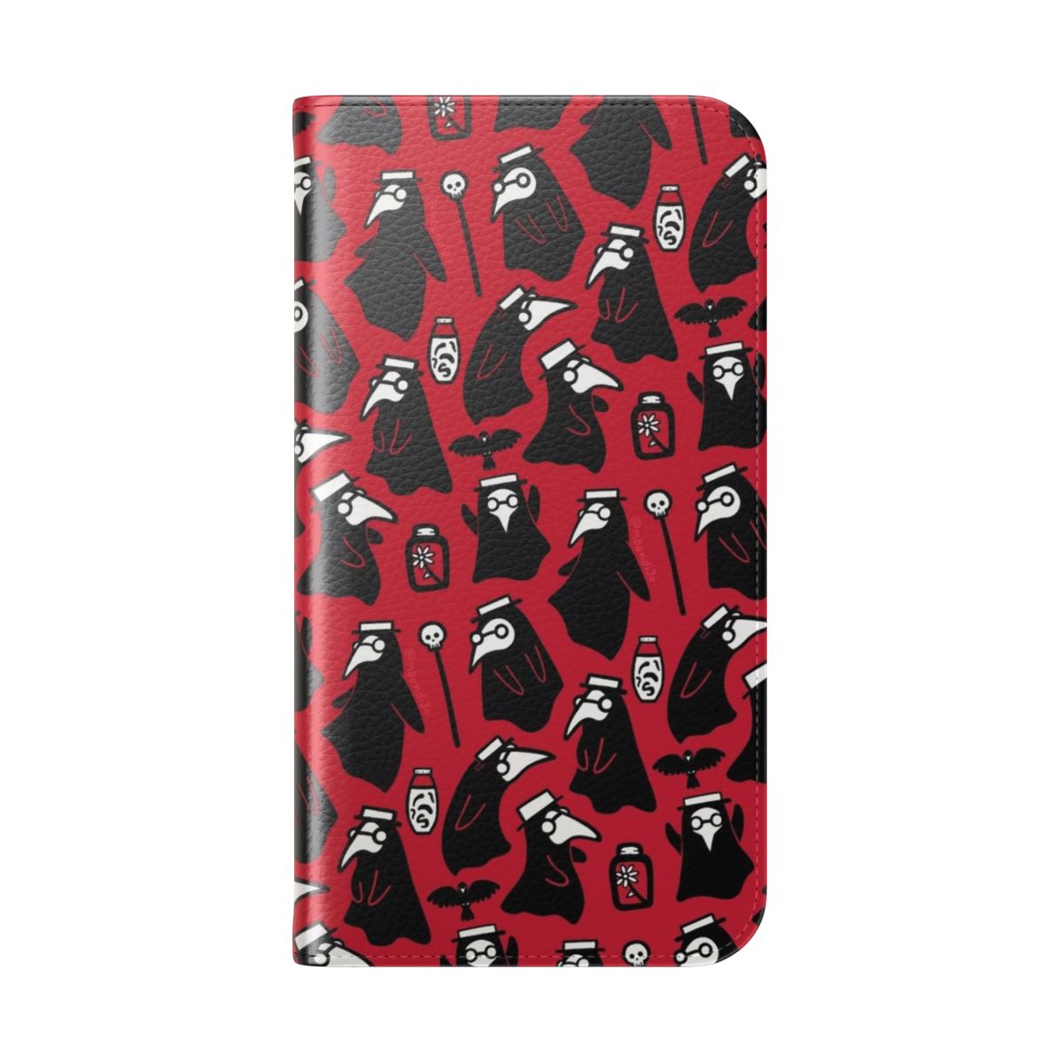 Flip cover phone case with a medieval plague doctor design featuring a black bird, leeches, and dark Gothic elements. - Folded Back