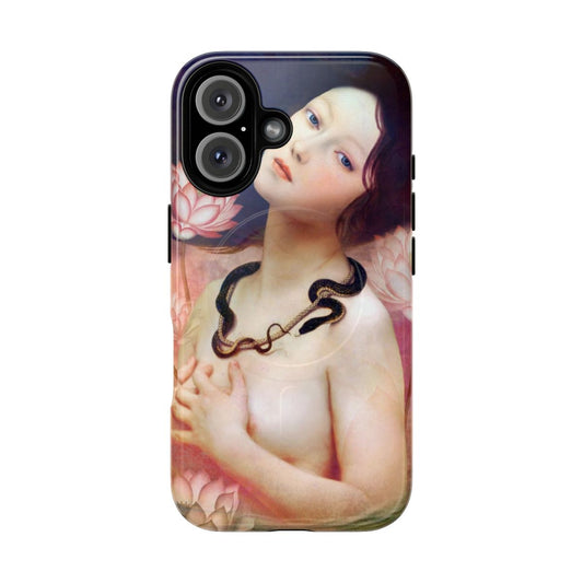 Magnetic phone case featuring a surreal artwork of a serpent in a lake with flowers.