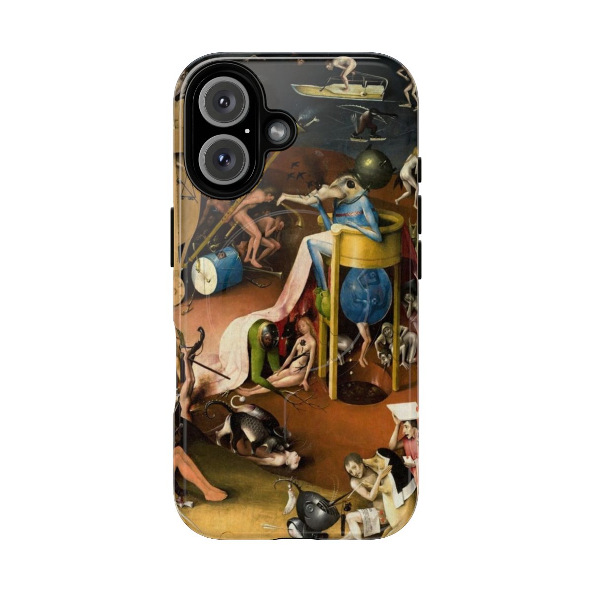 Surreal phone case featuring a demonic bird king in hell, inspired by the artwork of Hieronymus Bosch.