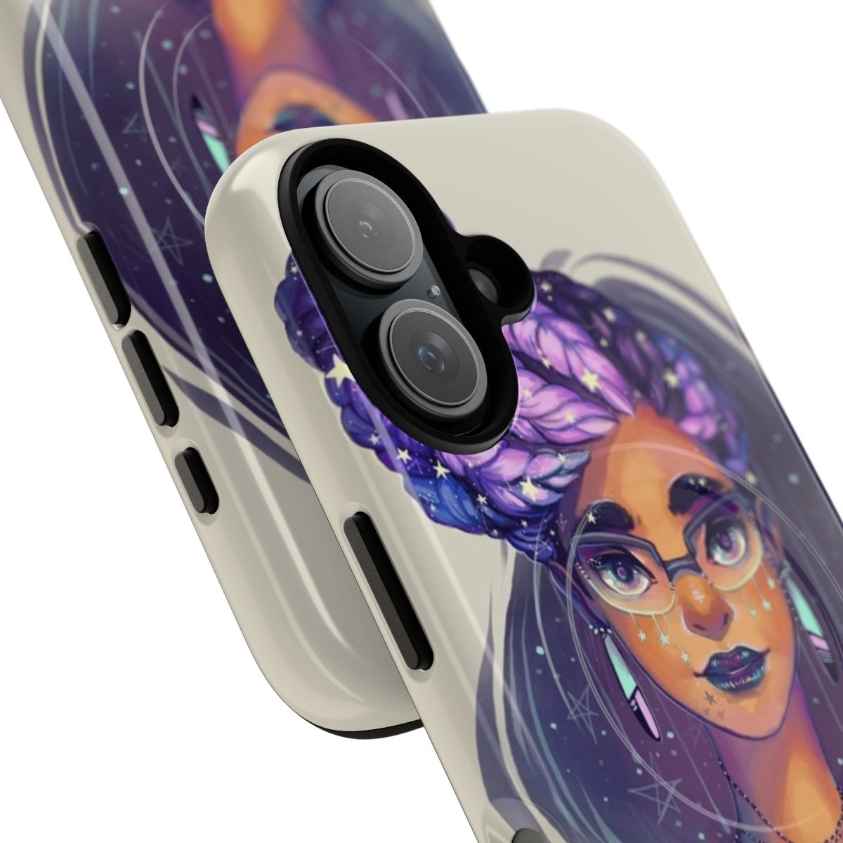 Cosmic-inspired phone case featuring a goddess braids pattern in shades of black, purple, and teal. - Detail