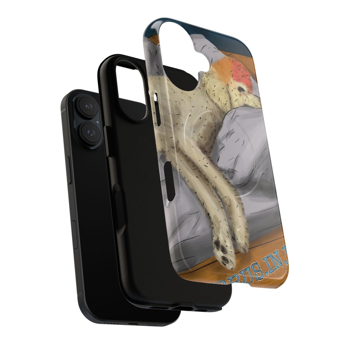 Magnetic tough phone case with image of the Egyptian deity Horus sleeping on a bed with a toy. - Layers