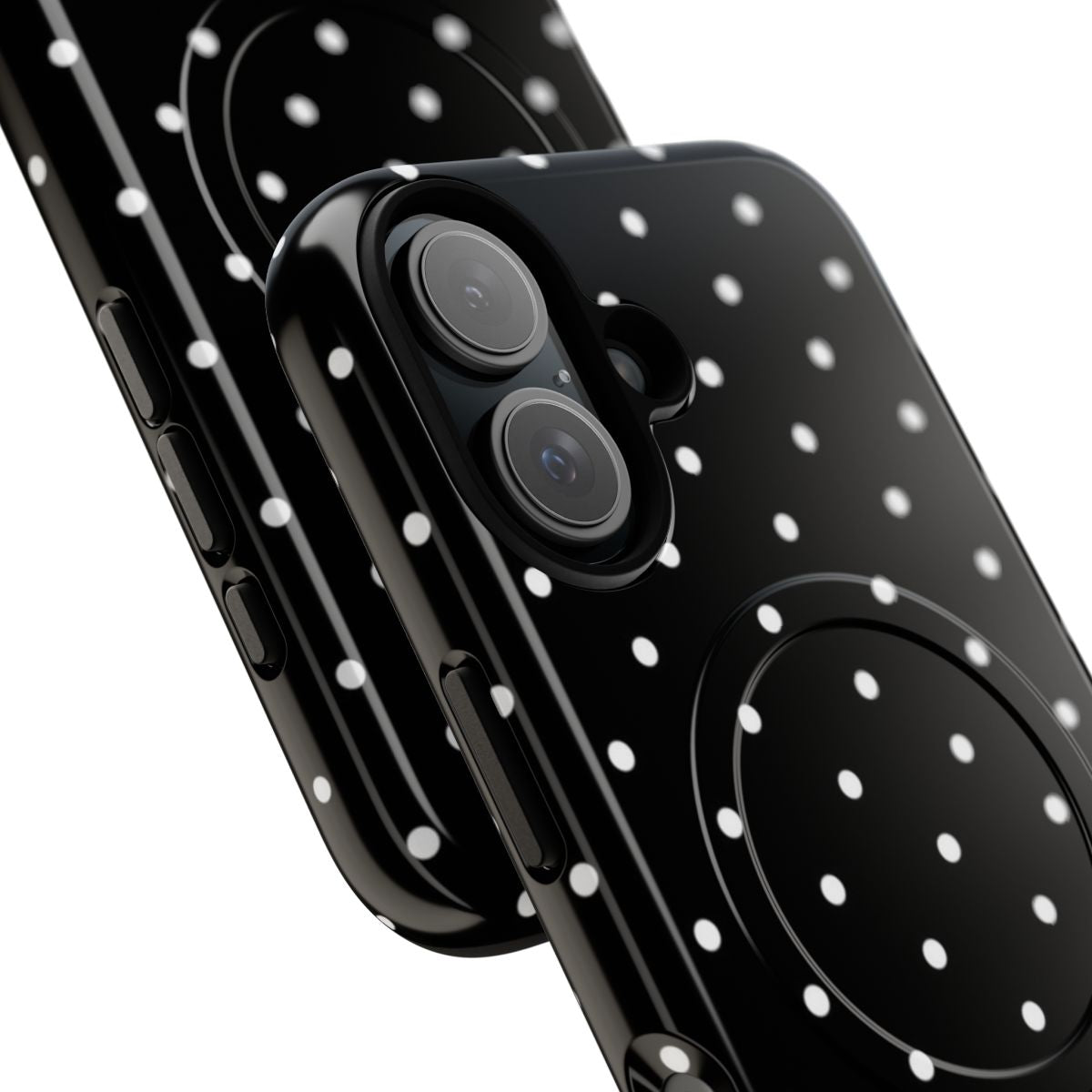 Minimalist polka dot phone case with a geometric pattern in black and white - Detail