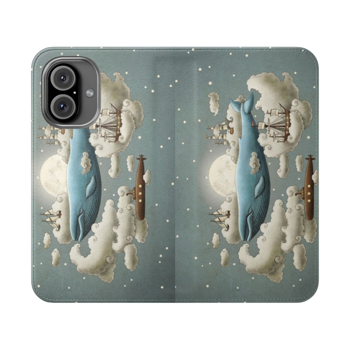 Flip phone case featuring a whimsical ocean meets sky design with a blue whale, tall ships, and vintage submarine.