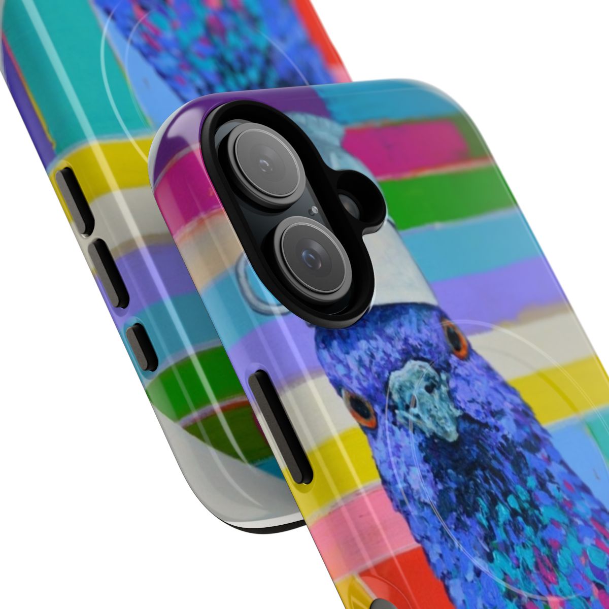 Vibrant phone case featuring a charming bird and cat artwork in a whimsical, contemporary style. - Detail