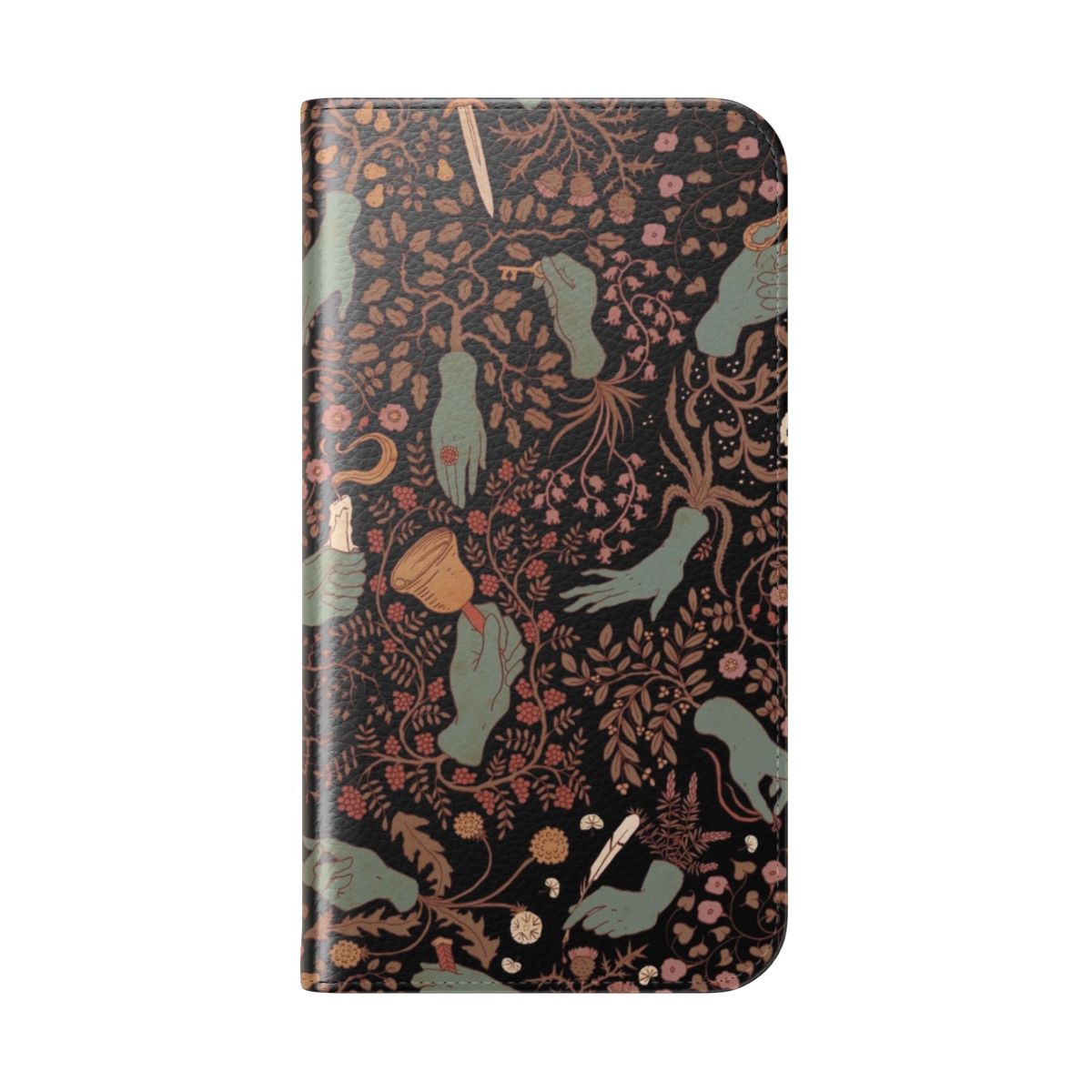 Flip cover phone case with a captivating hand pattern, perfect for a gothic or supernatural style. - Folded Back