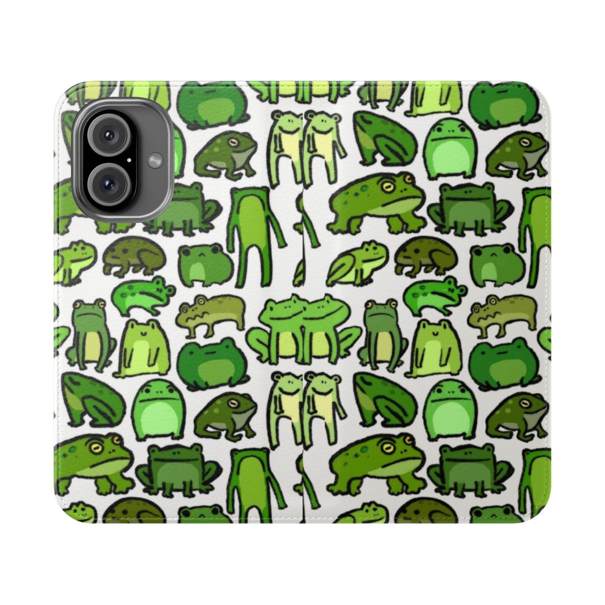 A close-up photo of a green frog-themed flip phone case