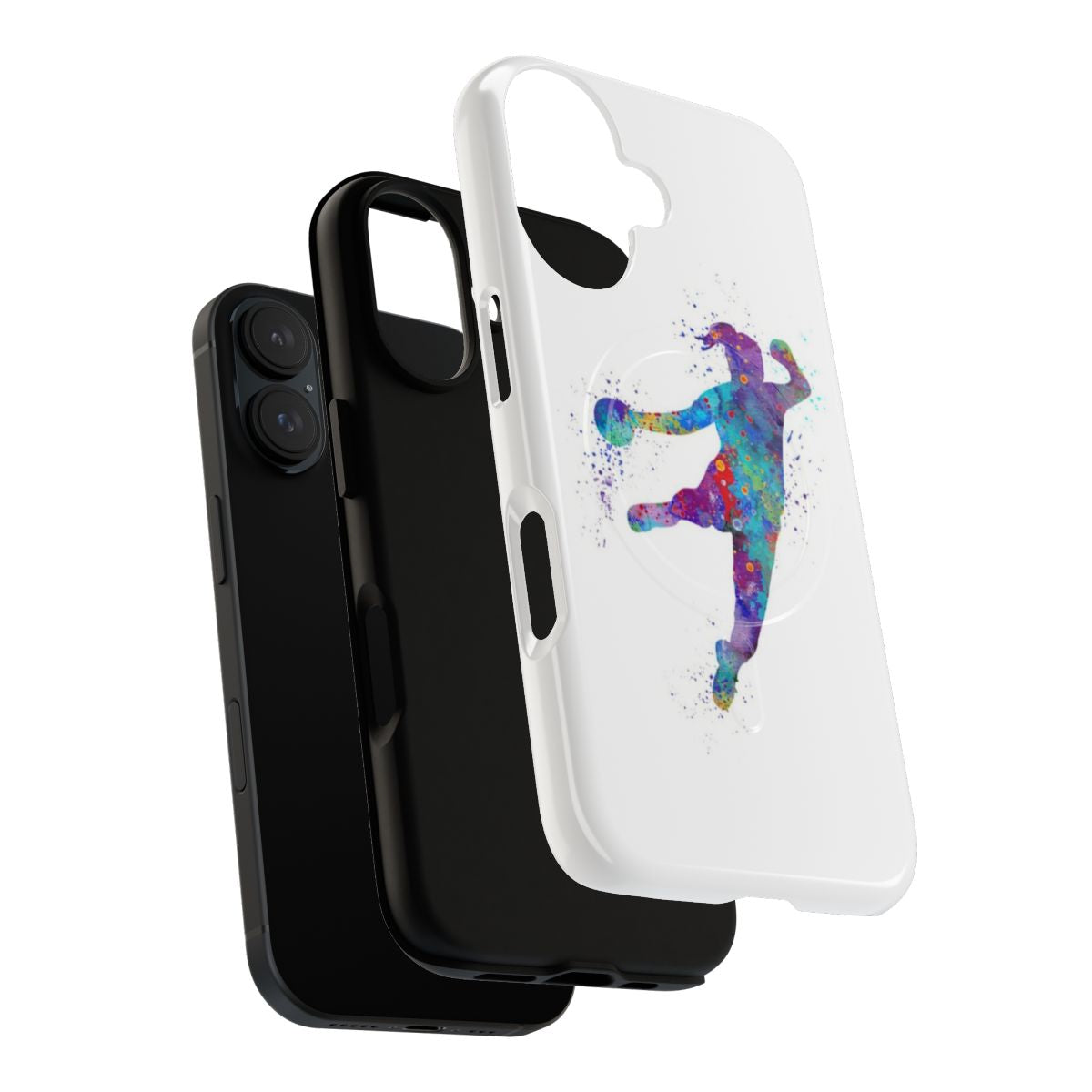 Colorful watercolor silhouette of a handball player on a phone case. - Layers