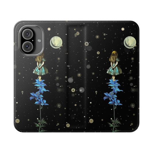 Flip cover phone case featuring a starry night scene inspired by Alice in Wonderland