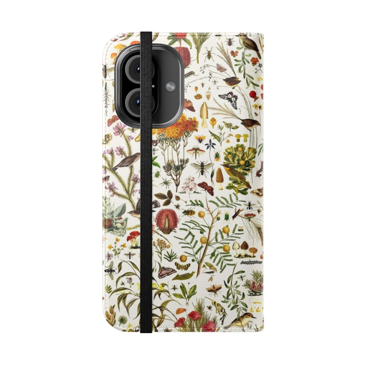 Flip cover phone case with a detailed, repeating pattern featuring native Australian flora and fauna like butterflies, birds, and plants. - Folded Front