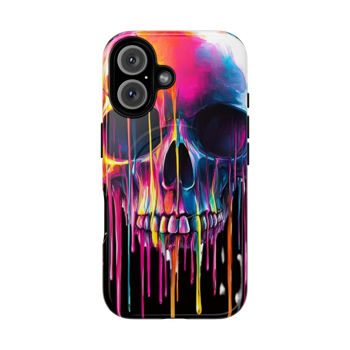 Colorful neon skull with dripping paint and psychedelic, surreal design on a tough phone case.