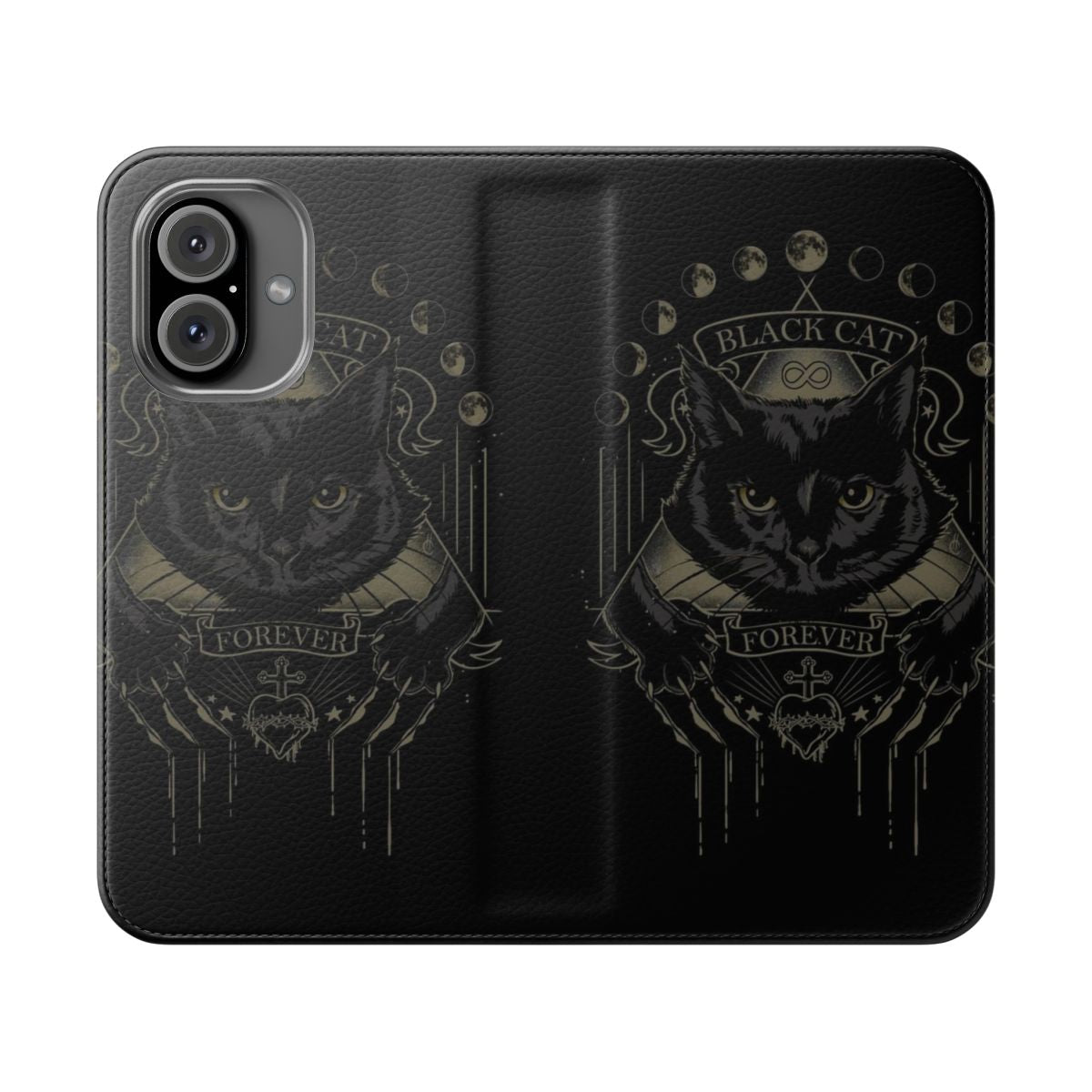 Black cat flip phone case with occult and witchcraft design