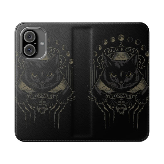 Black cat flip phone case with occult and witchcraft design