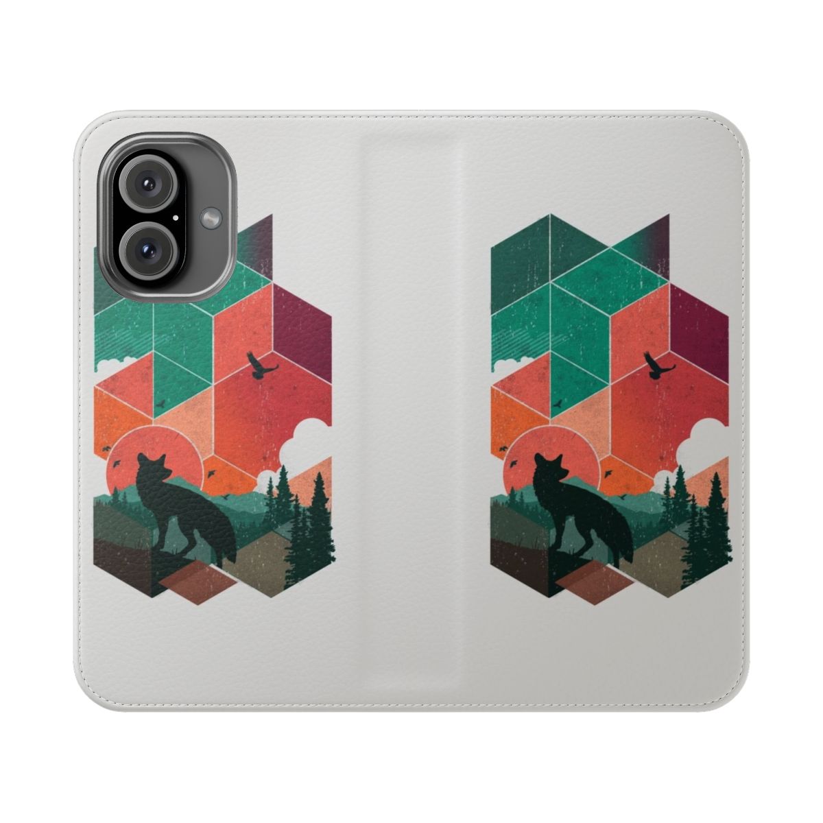 A natural, geometric-themed phone case featuring a fox silhouette against a colorful sunset.