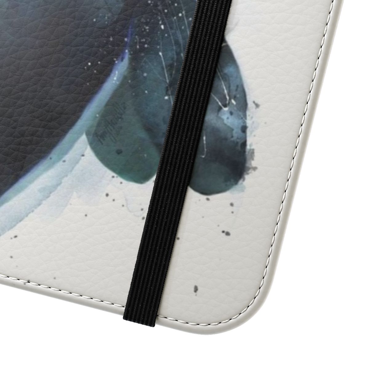 Orca-themed flip cover phone case with black, blue, and white design featuring a killer whale silhouette - Close Up