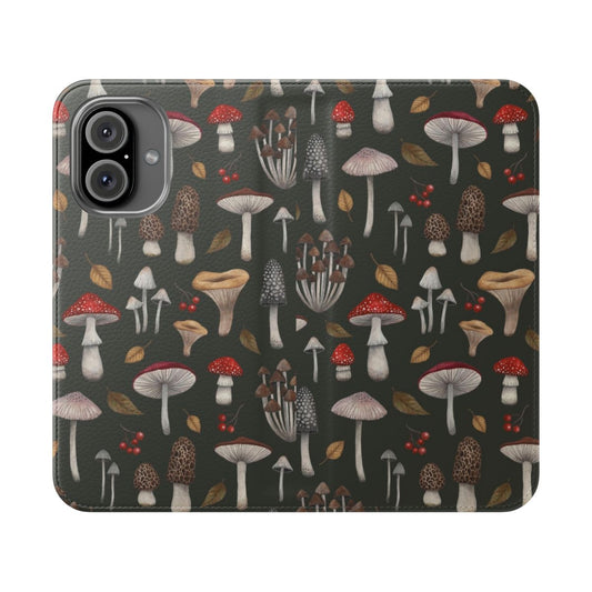 Flip cover phone case with a whimsical mushroom and autumn leaf design