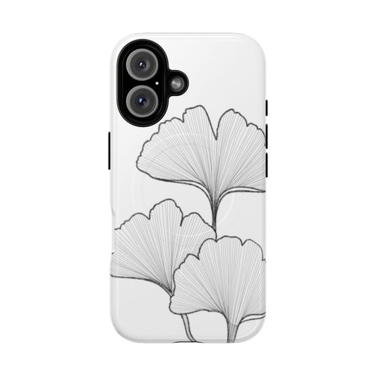 Ginkgo biloba inspired black and white floral phone case with fine line details