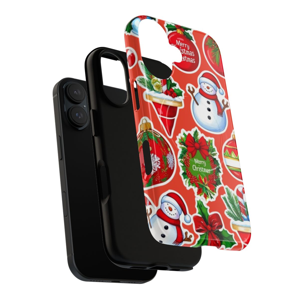 Magnetic phone case with a festive Christmas pattern featuring snowflakes, trees, and other winter elements. - Layers