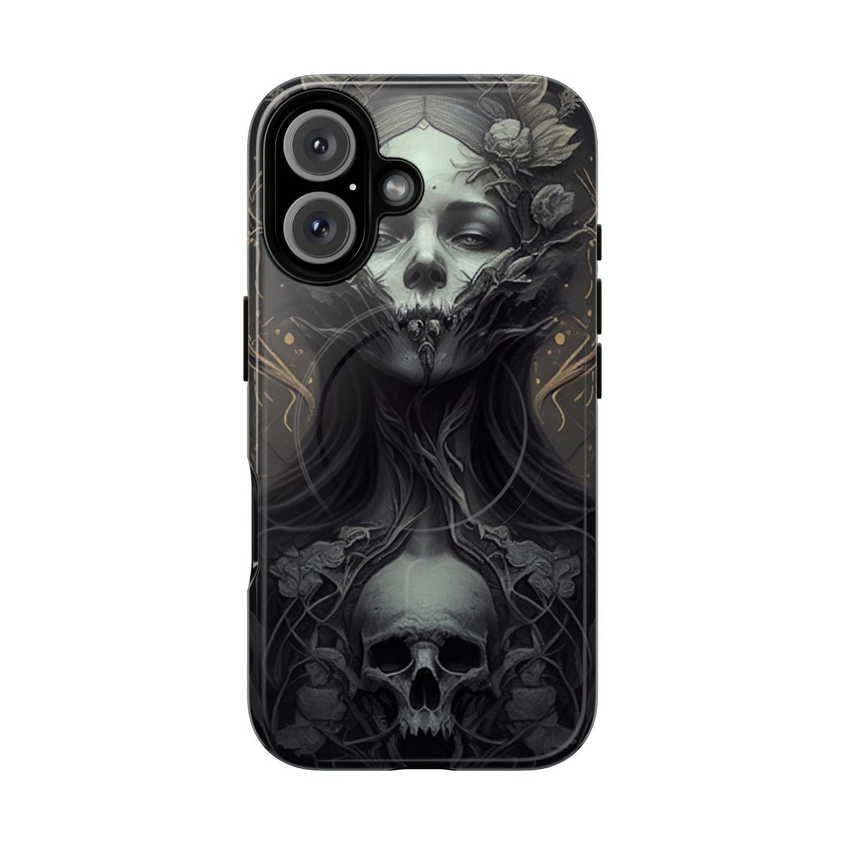 A dark, mystical witch-themed phone case with a magnetic design for Samsung or iPhone devices.