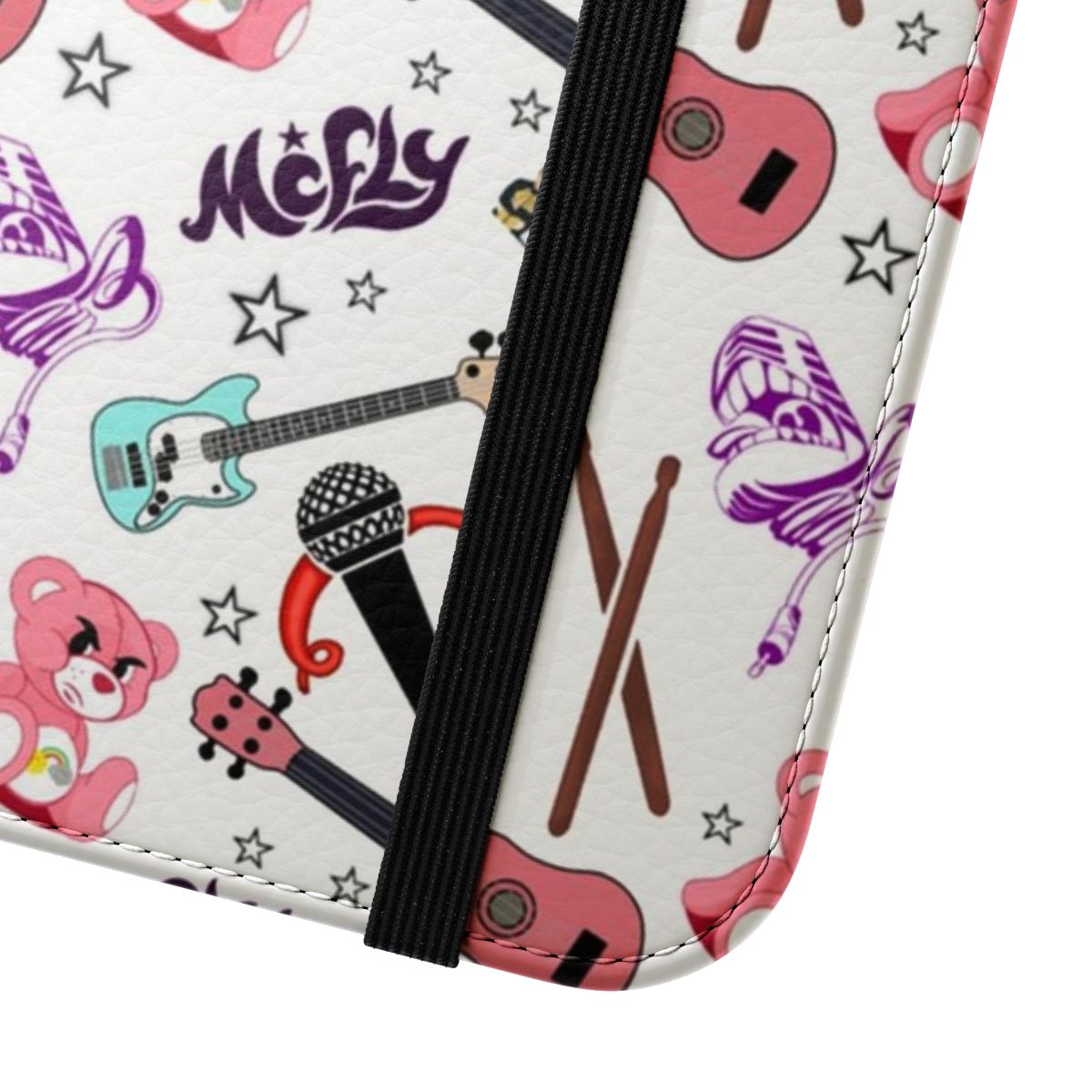 A customizable flip phone case with a repeating pattern design inspired by the 2000s pop band Mcfly. - Close Up