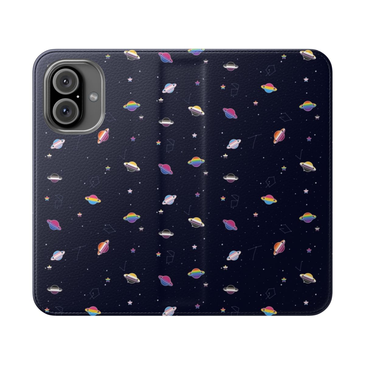 LGBTQ pride-themed phone case with a cosmic pattern of planets, stars, and the night sky.