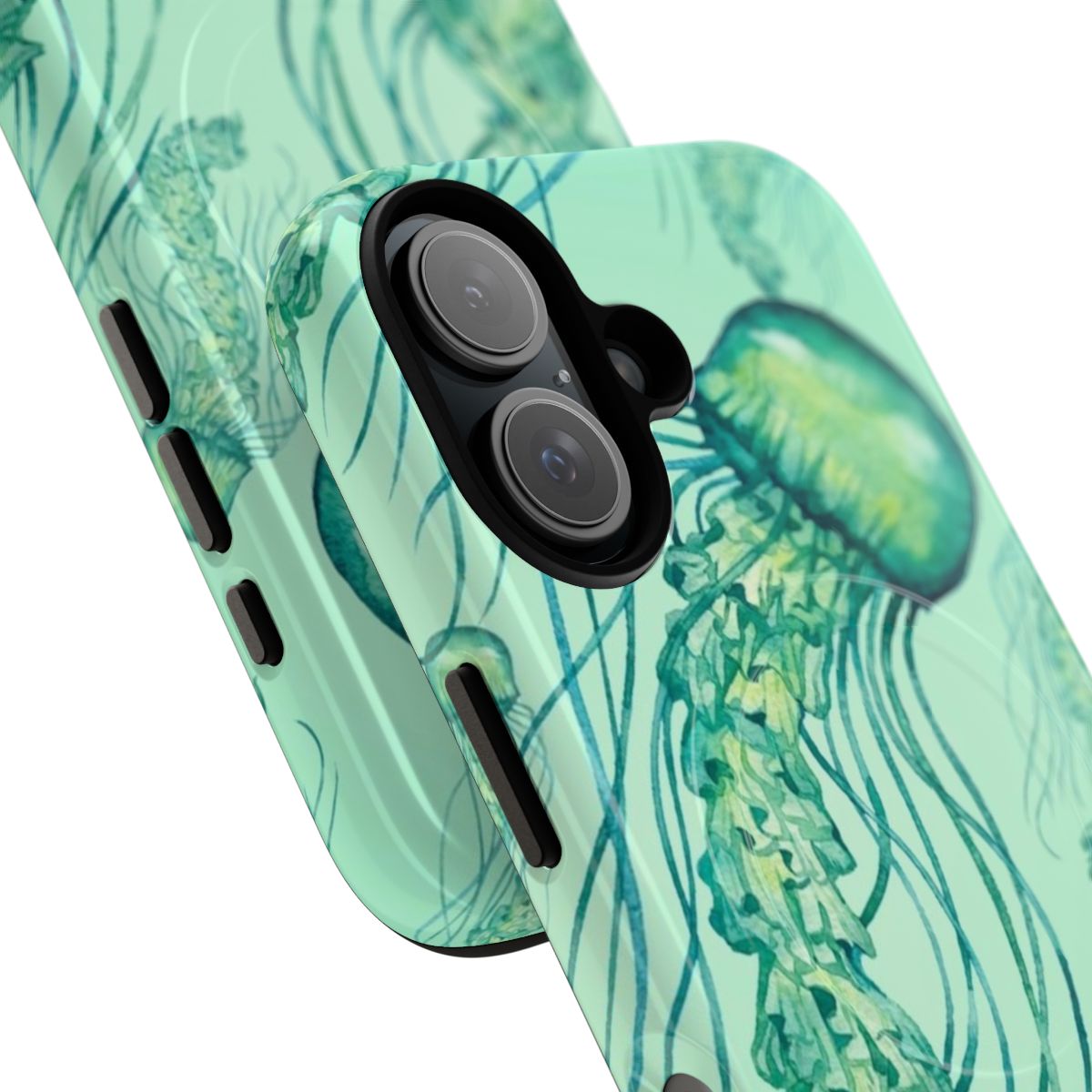 A watercolor jellyfish pattern on a durable, magnetic phone case. - Detail