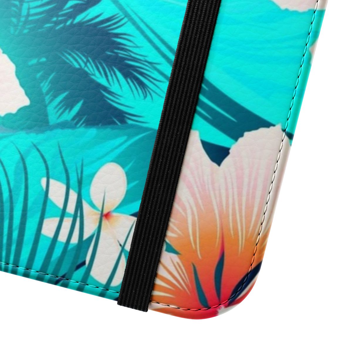 Closeup of a tropical floral phone case with hibiscus flowers and abstract palm leaves. - Close Up