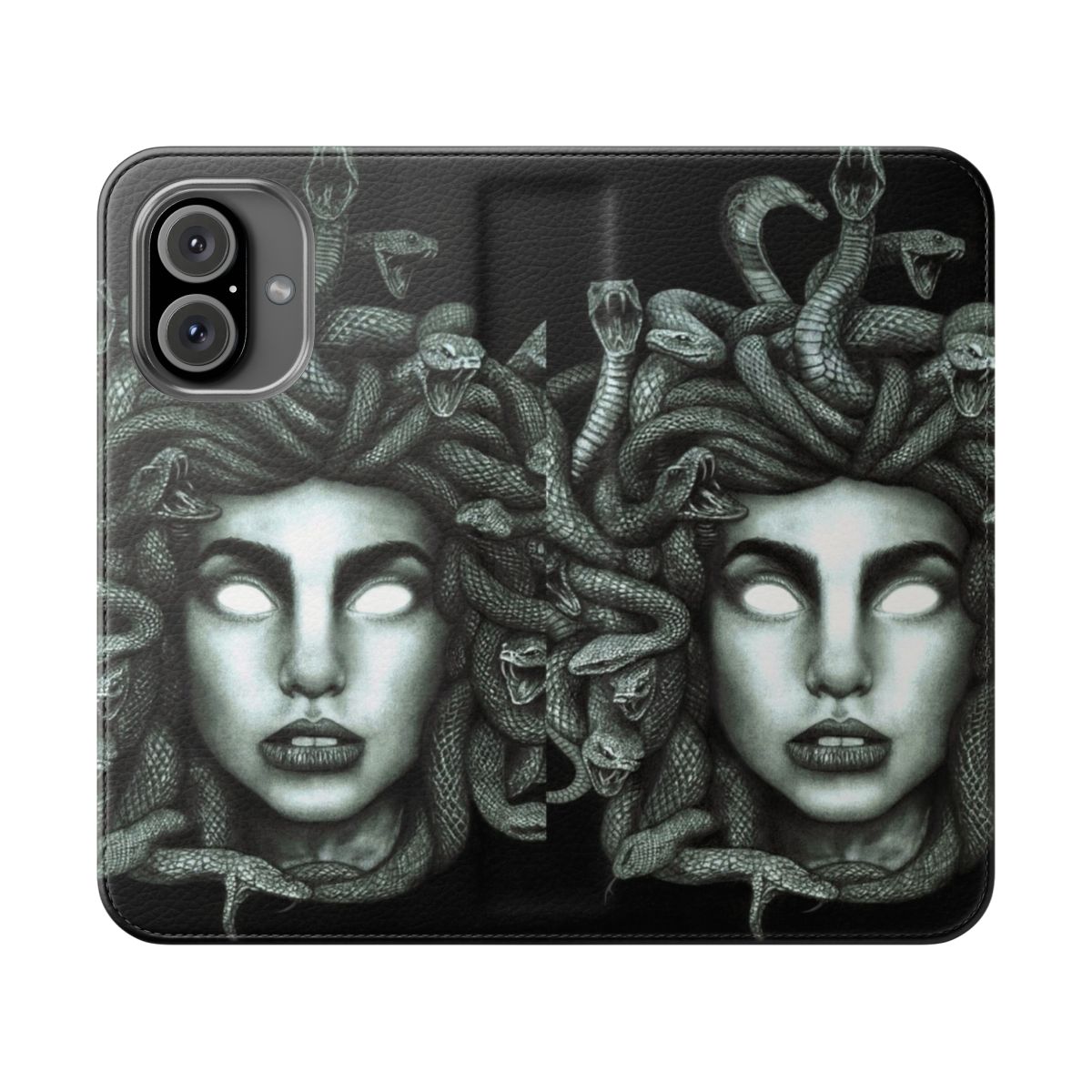 A flip cover phone case featuring the image of Medusa, the gorgon from Greek mythology.