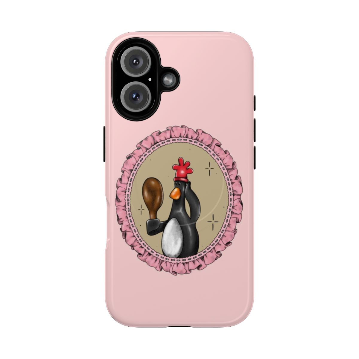 Pastel pink phone case with coquette feather and sparkle details for a feminine, aesthetic look.