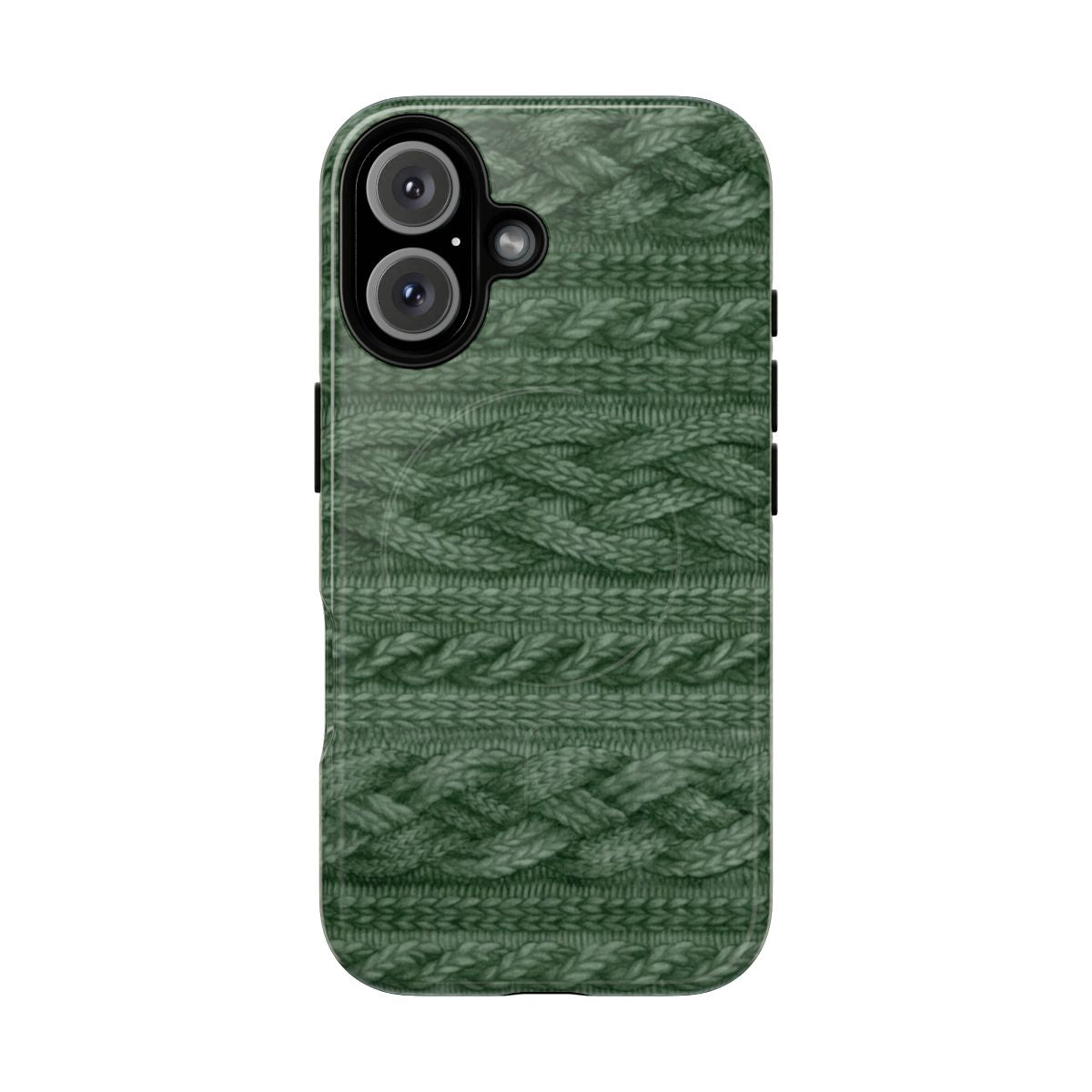 Cozy cable knit magnetic phone case in a festive green color