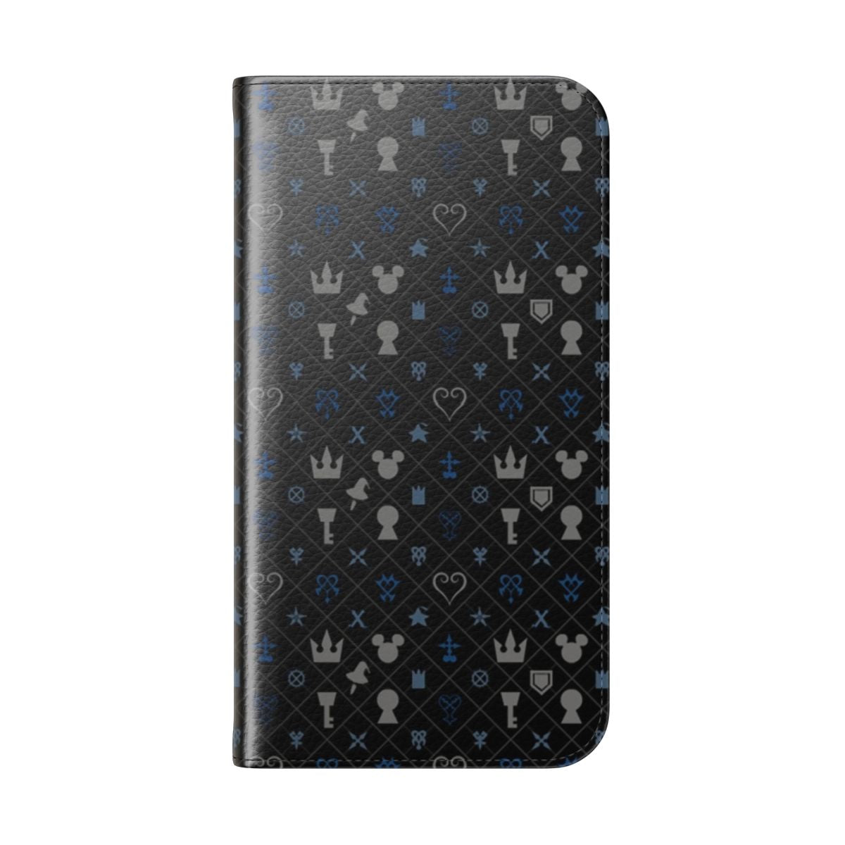 Stylish phone case with a vibrant Kingdom Hearts-inspired pattern featuring iconic Disney characters. - Folded Back