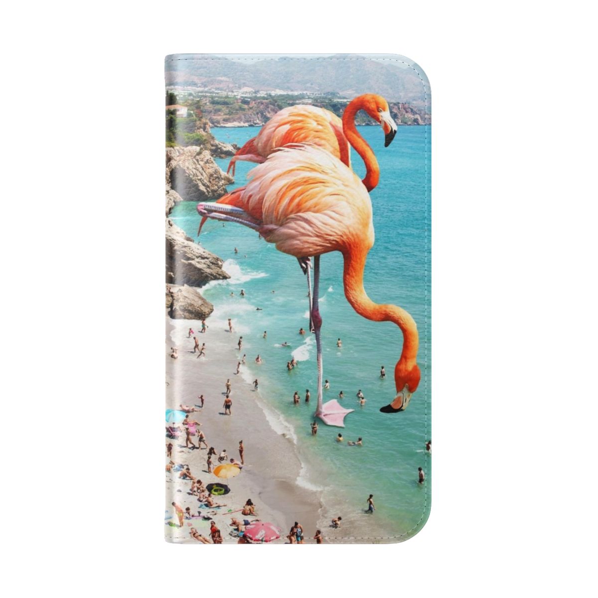 Vibrant, surreal image of flamingos on a tropical beach, showcasing the beauty of nature and wildlife. - Folded Back