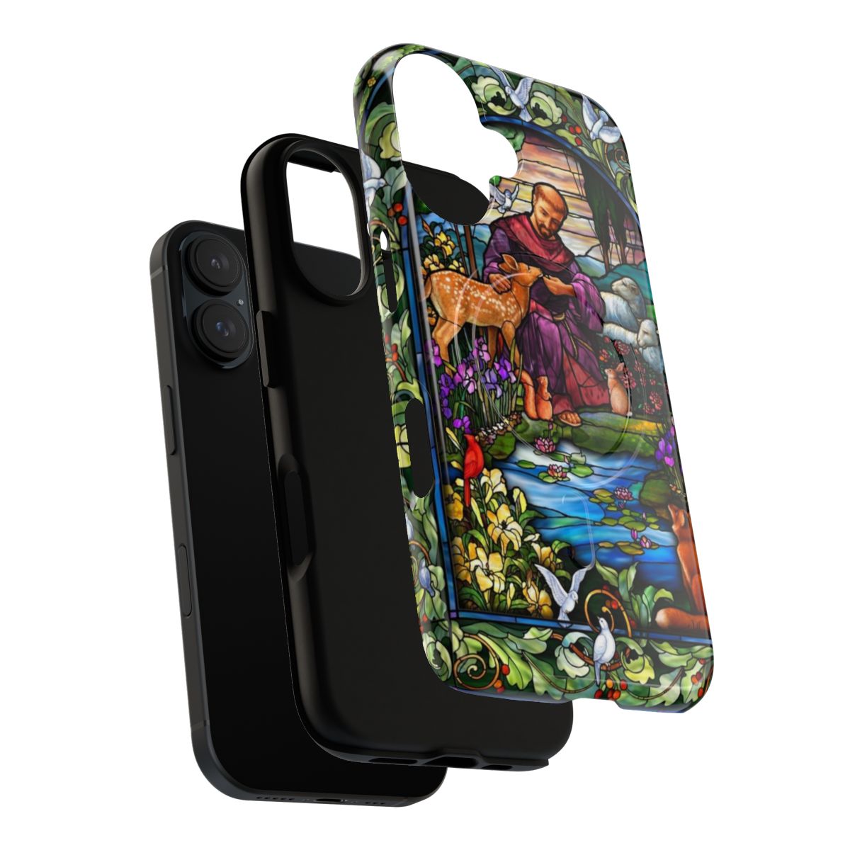 Stained glass phone case with franciscan inspired design featuring animals and nature elements - Layers