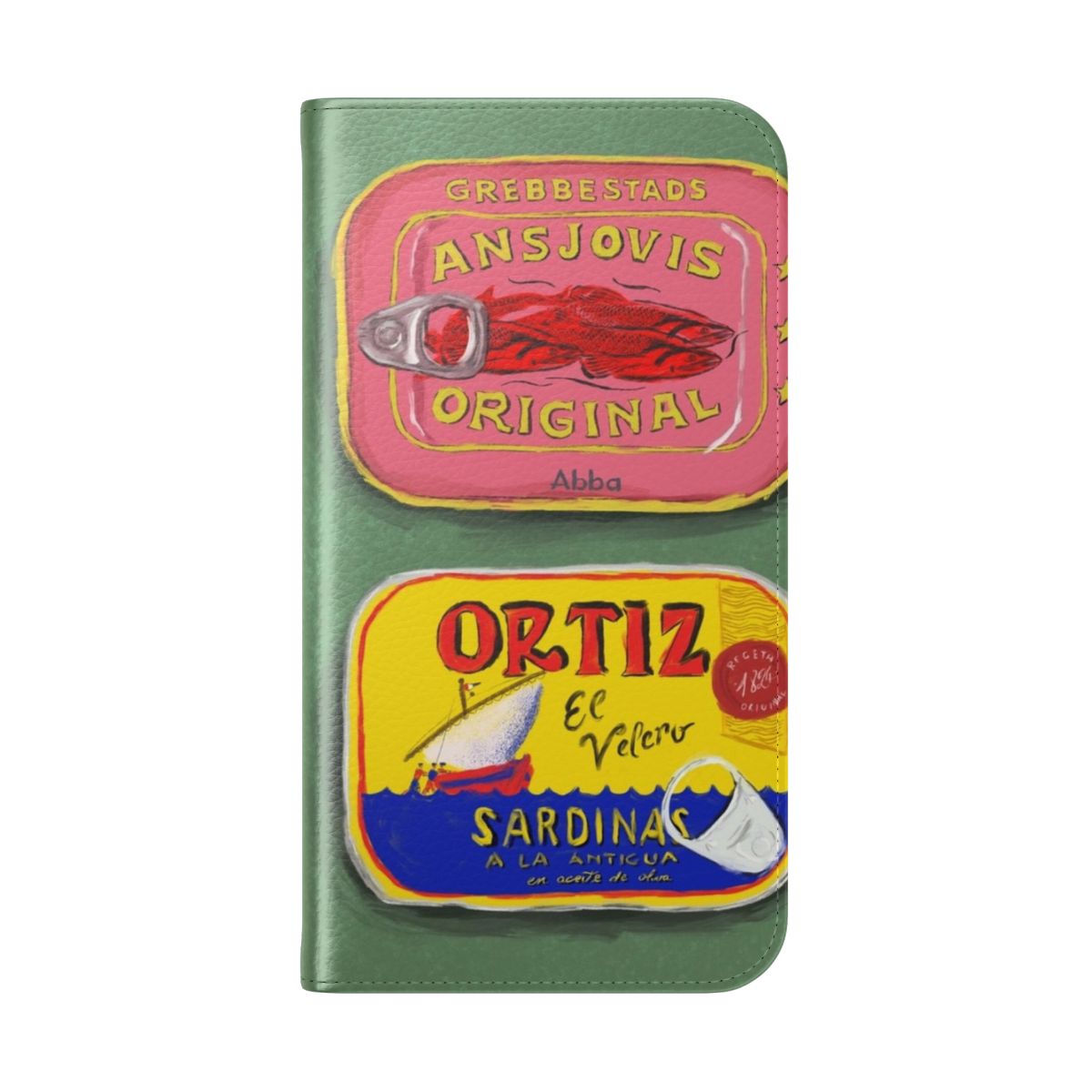 Colorful painting of seafood tins and tinned fish on a flip cover phone case - Folded Back