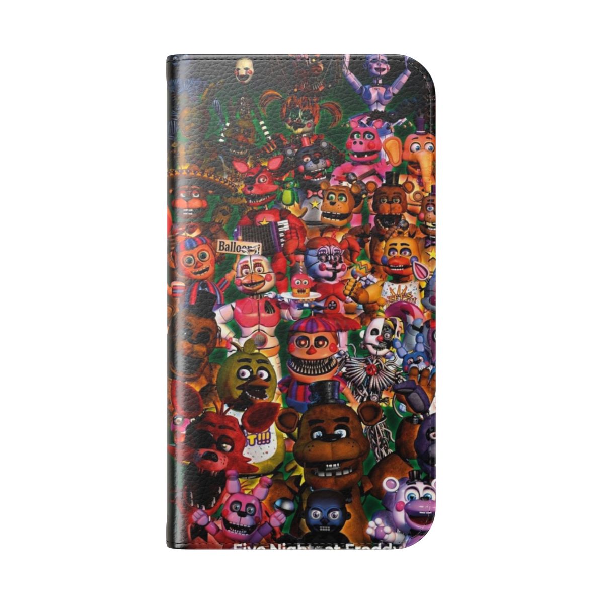 A stylish flip cover phone case with a five nights at freddys horror-themed design, featuring the iconic animatronic characters. - Folded Back