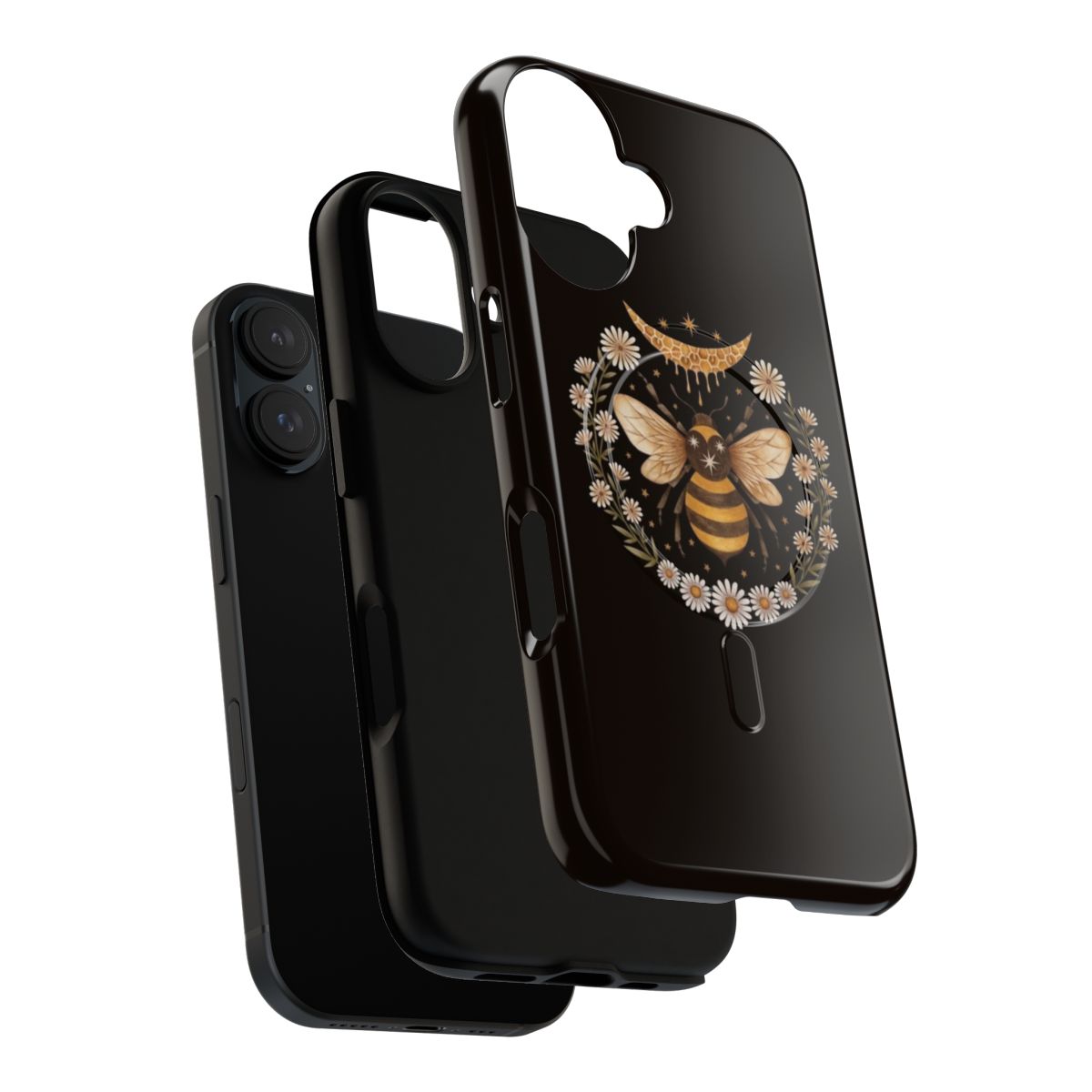 Floral magnetic tough phone case featuring a honeycomb and crescent moon design with bees and flowers - Layers