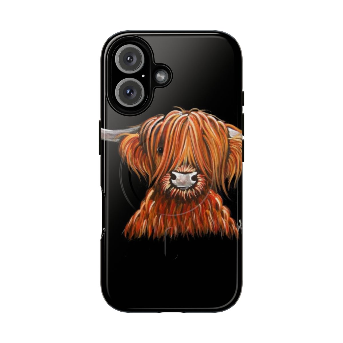 Magnetic tough phone case featuring a cute Scottish Highland cow illustration