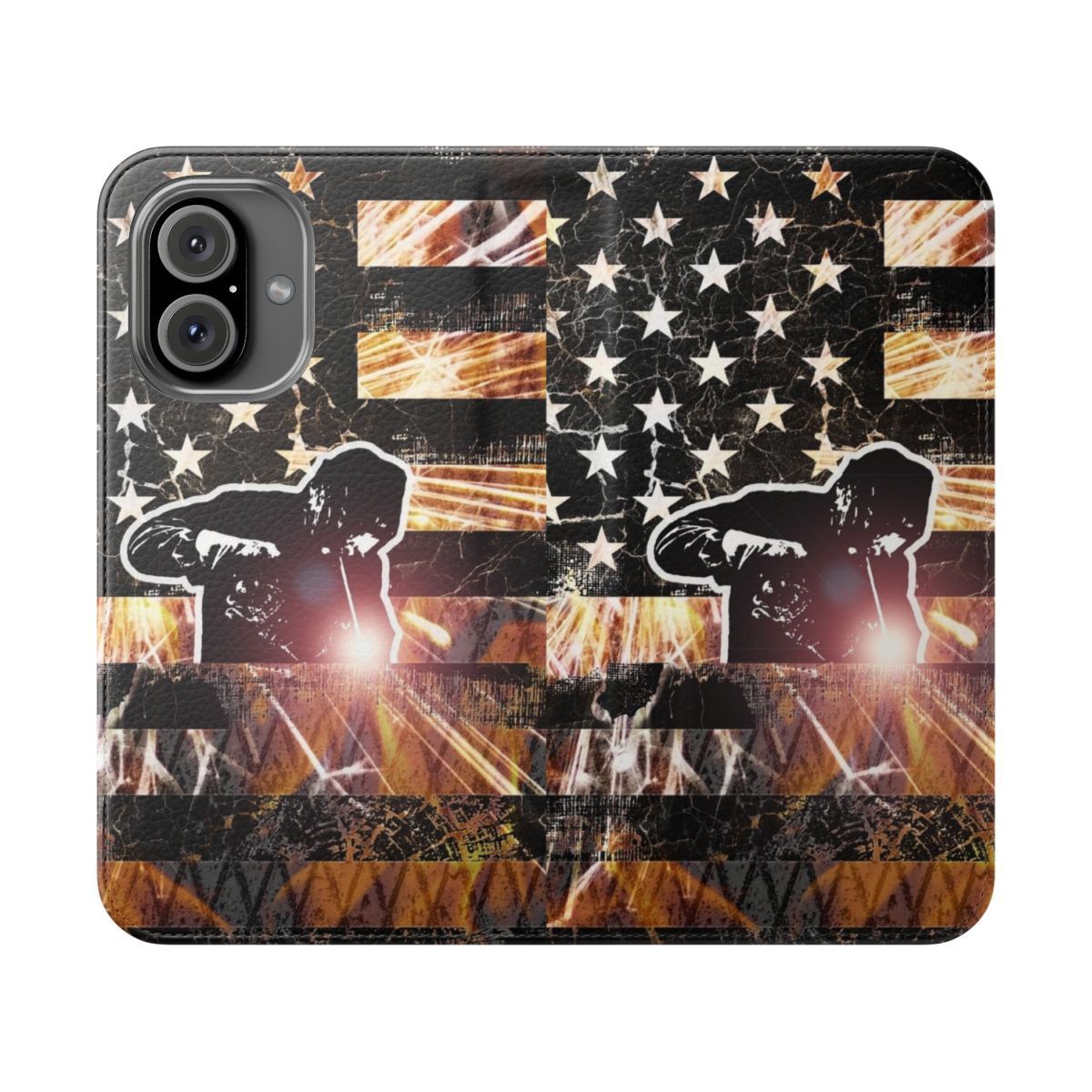 Welding inspired American flag phone case cover with sparks and flames