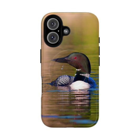 Magnetic tough phone case featuring a common loon bird design