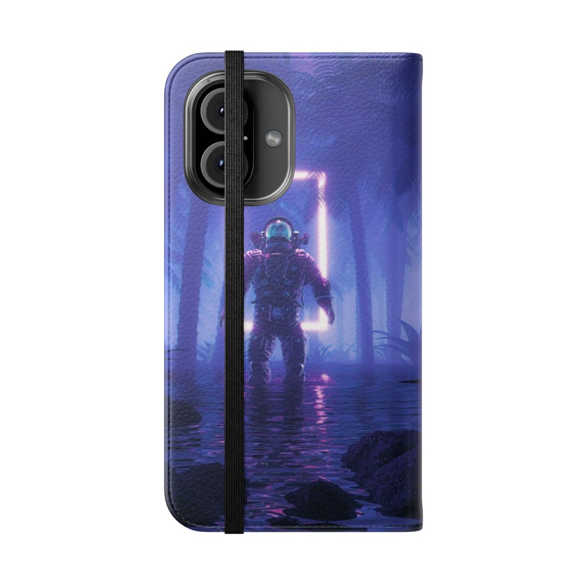 Futuristic flip cover phone case with a cosmic, sci-fi design featuring planets, stars, and a space theme. - Folded Front