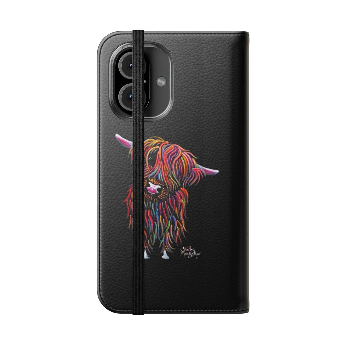 Vibrant painted image of a fluffy, ginger-colored Scottish highland cow on a phone case - Folded Front