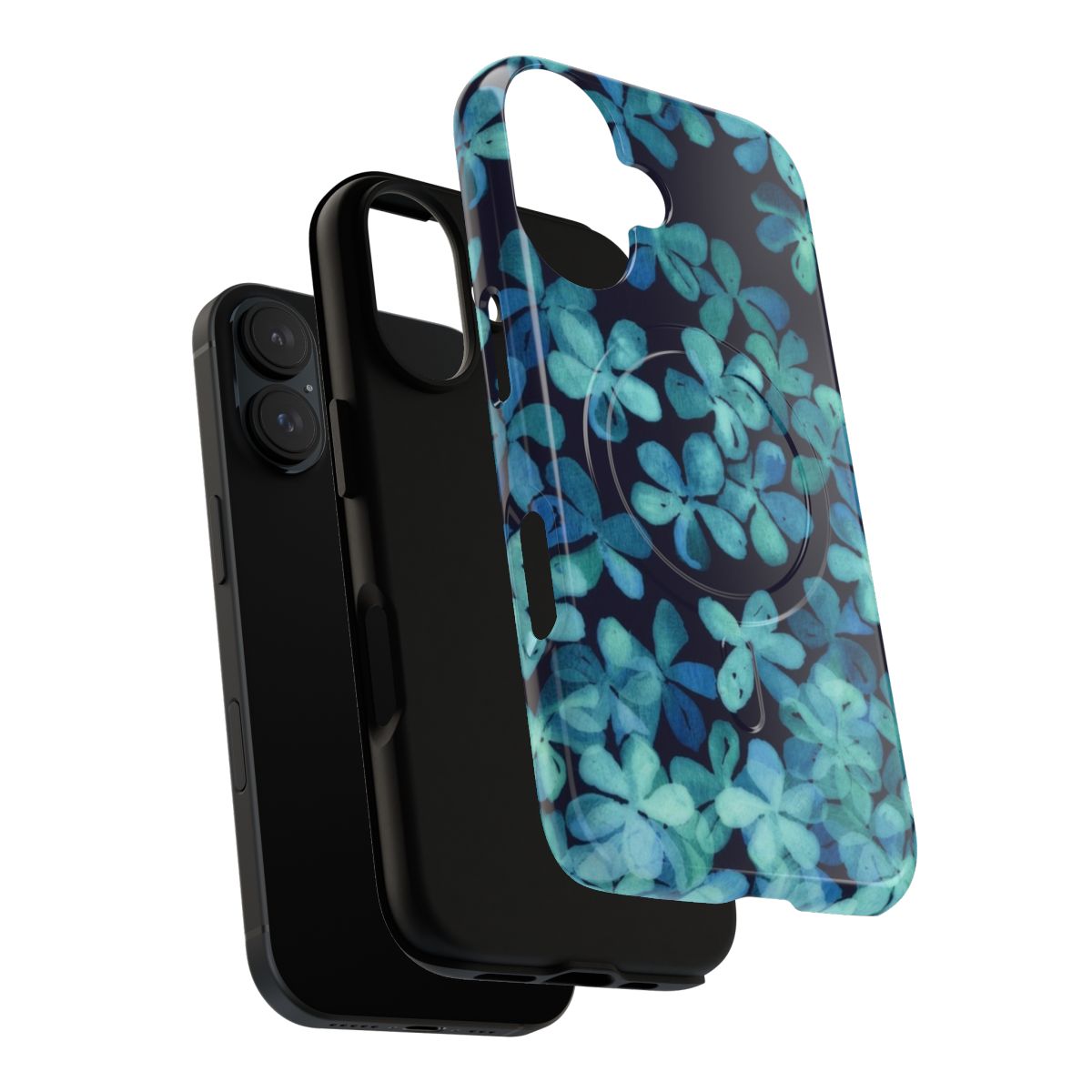 Hand painted floral pattern in navy blue and teal colors on a tough magnetic phone case - Layers