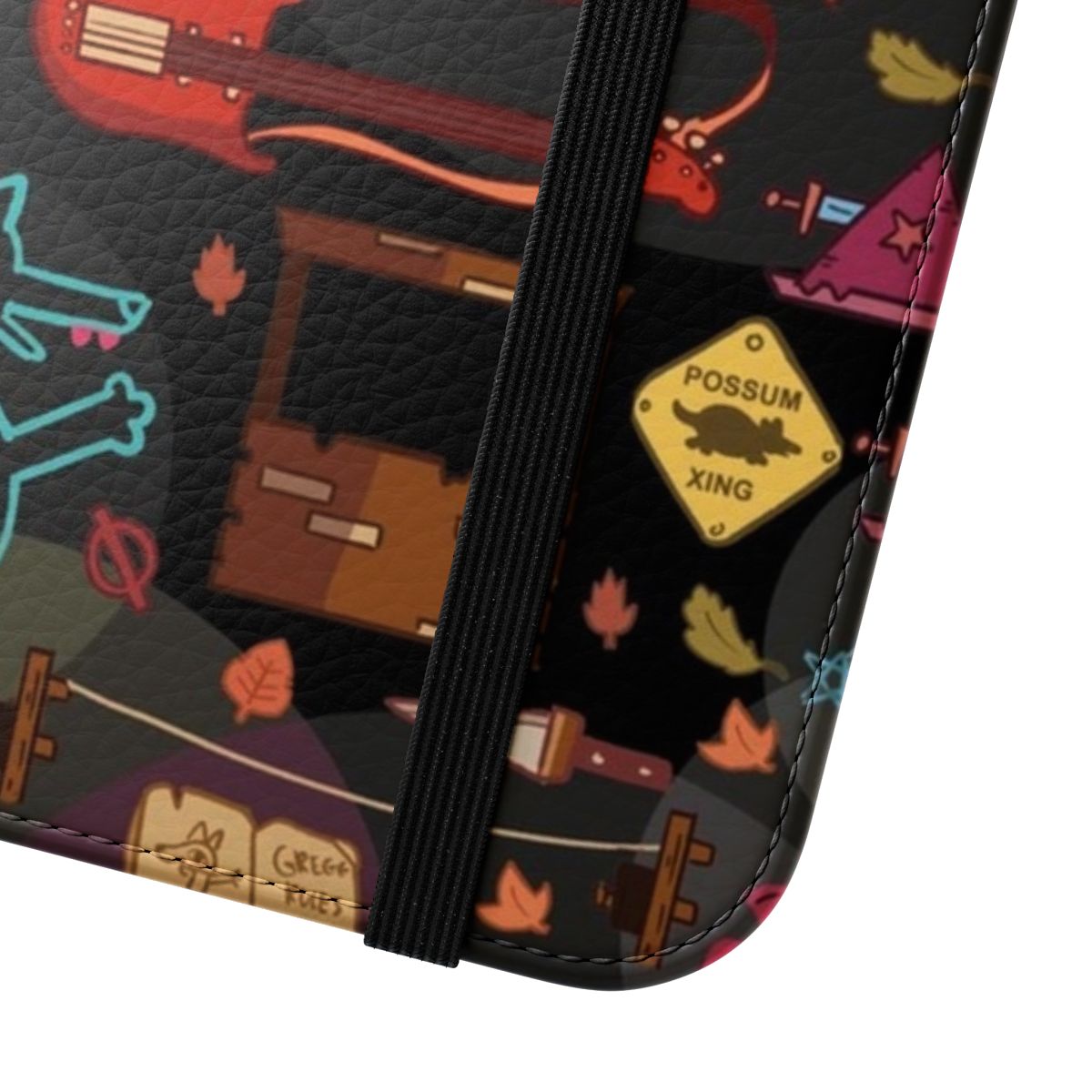 A flip cover phone case featuring a unique autumn-inspired pattern, perfect for fans of the indie game "Night in the Woods". - Close Up