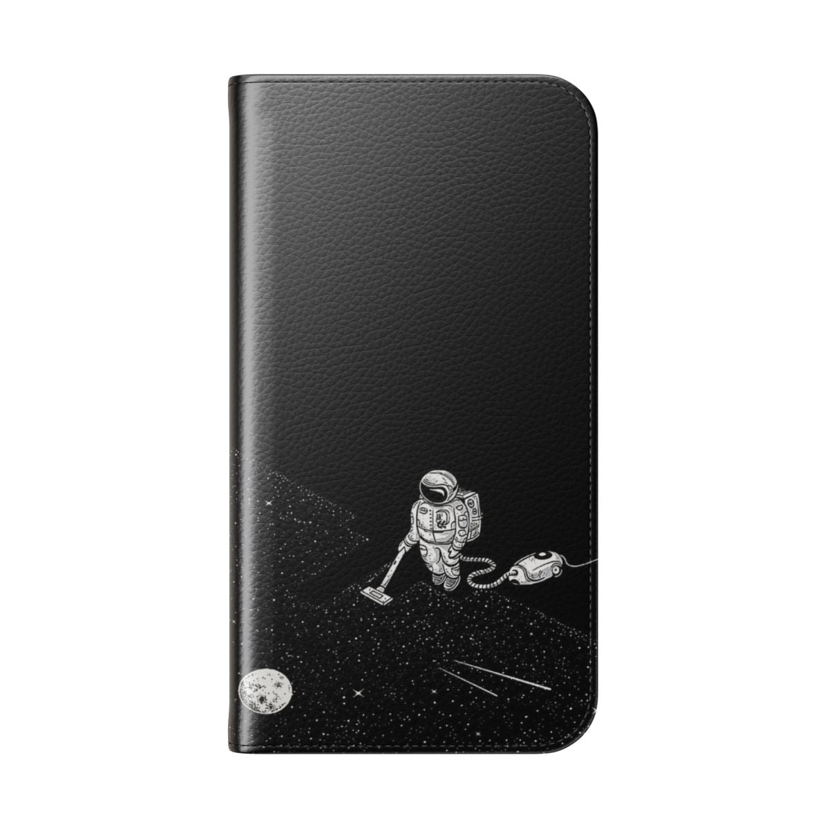 Astronaut vacuuming in space on a black and white flip phone case with stars and planets - Folded Back