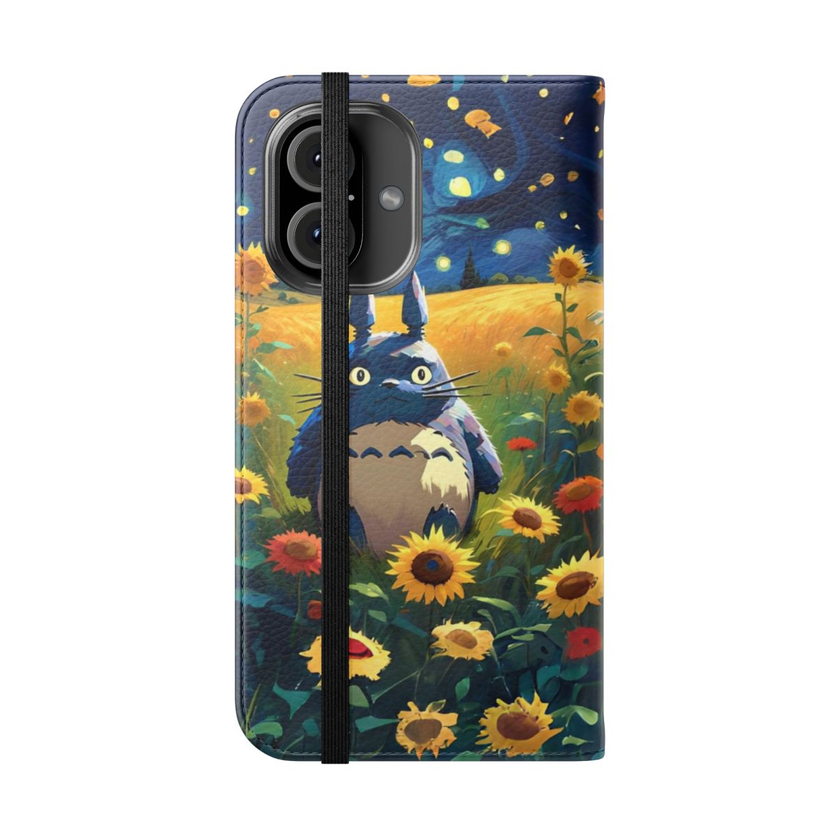 Artwork of Totoro surrounded by a field of sunflowers with a starry night sky background, featured on a flip cover phone case. - Folded Front