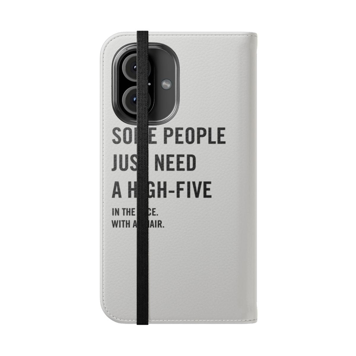 Flip cover phone case with a humorous, sarcastic "high-five in the face with a chair" design - Folded Front